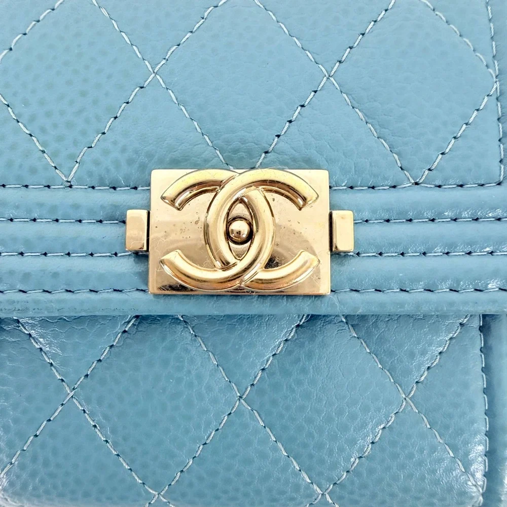 Chanel Boy Flap Wallet Light Blue Caviar Leather Gold Hardware Quilted Authentic